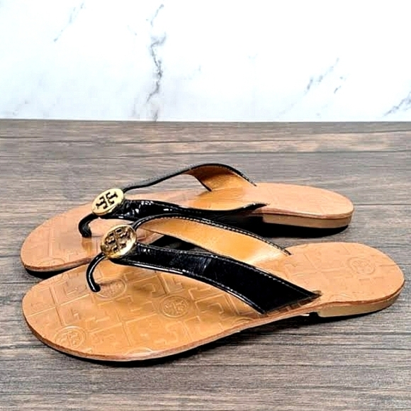 Tory Burch Thora Thong Black Patent Leather Brown Flat Sandals Women’s Size 8M🌴 - Picture 5 of 11